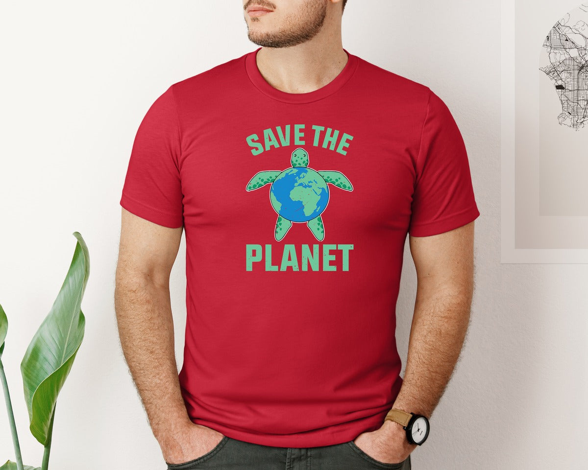 brand:Bella Canvas|color:Red|Save The Planet Turtle Earth Globe Graphic T-Shirt