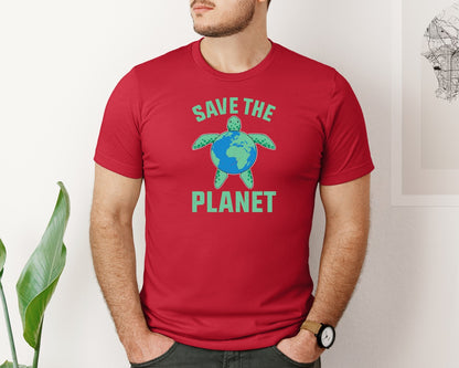 brand:Bella Canvas|color:Red|Save The Planet Turtle Earth Globe Graphic T-Shirt