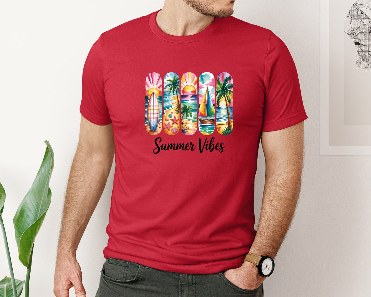 brand:Bella Canvas|color:Red|Summer Vibes Beach Collage 16 Graphic T-Shirt