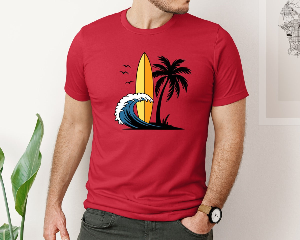 brand:Bella Canvas|color:Red|Surfboard With Ocean Wave And Palm Tree Graphic T-Shirt