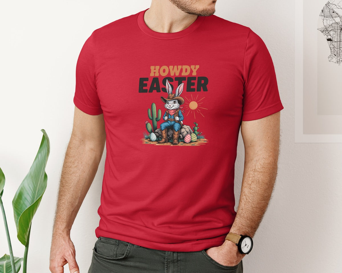 brand:Bella Canvas|color:Red|Howdy Easter Western Cowboy Bunny 2 Graphic T-Shirt