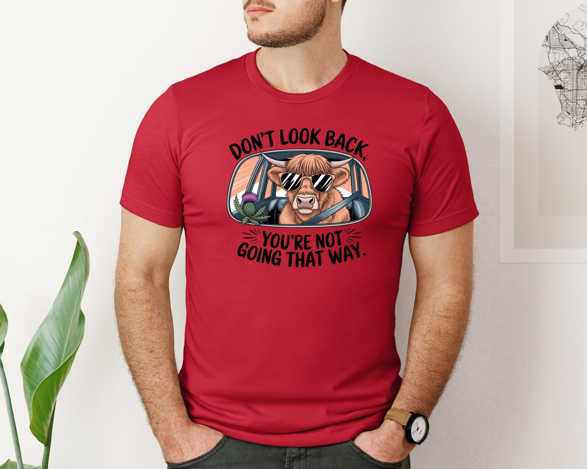 brand:Bella Canvas|color:Red|Dont Look Back Highland Cow Graphic T-Shirt