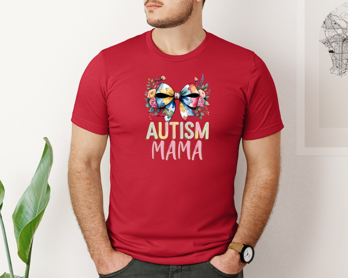 brand:Bella Canvas|color:Red|Autism Mama Elegant Floral Puzzle Bow Graphic T-Shirt