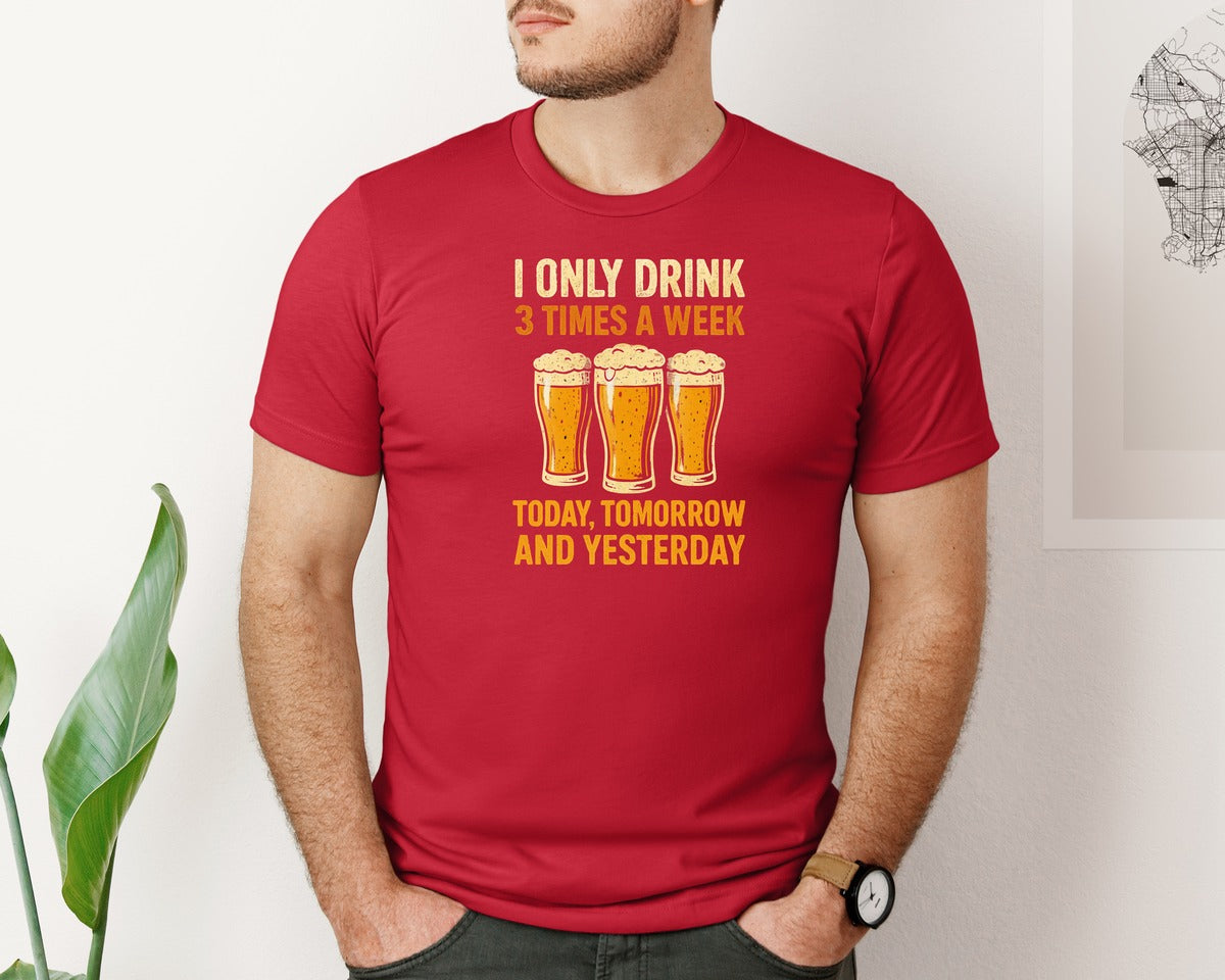 brand:Bella Canvas|color:Red|Funny Beer Drinking Three Beers Graphic T-Shirt