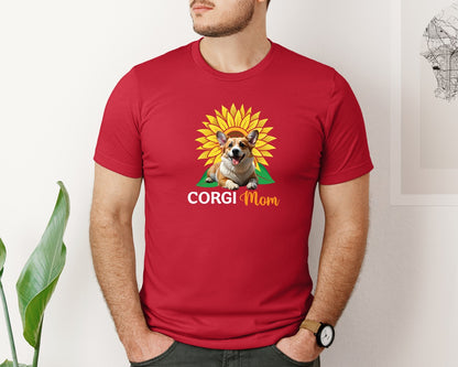 brand:Bella Canvas|color:Red|Corgi Mom Sunflower Graphic T-Shirt