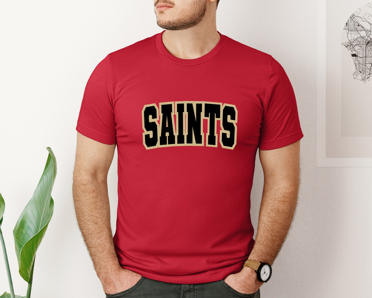 brand:Bella Canvas|color:Red|Saints Varsity Black And Gold Graphic T-Shirt