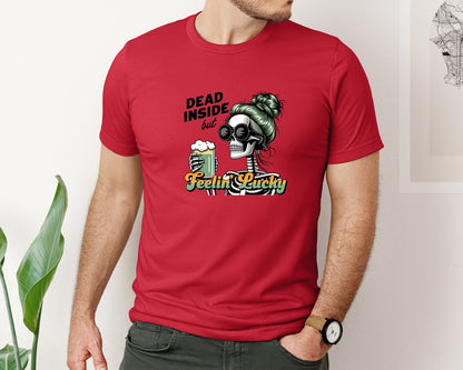 brand:Bella Canvas|color:Red|Dead Inside But Feelin Lucky 6 Graphic T-Shirt