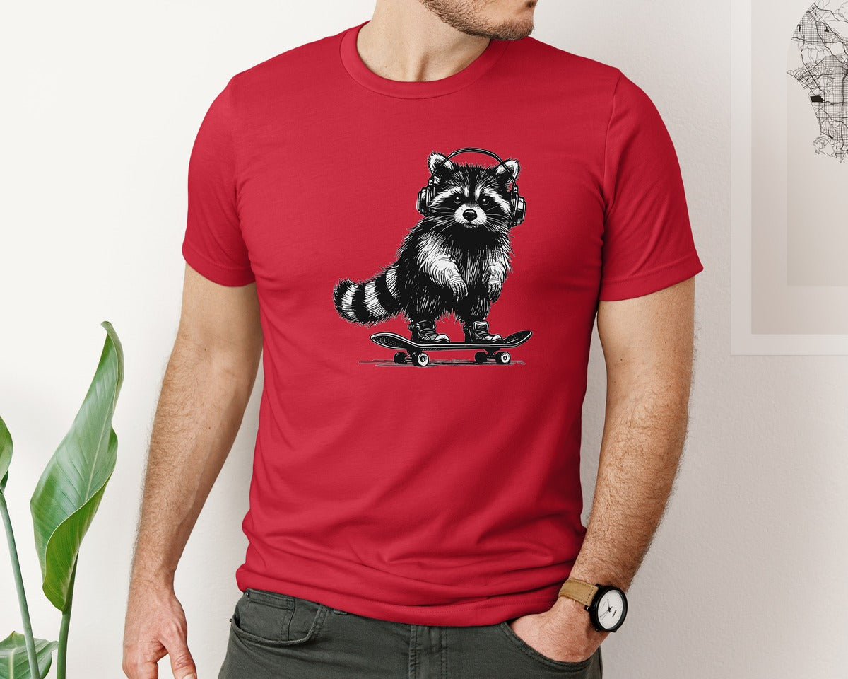 brand:Bella Canvas|color:Red|Raccoon Playing Skateboard Shirt Graphic T-Shirt