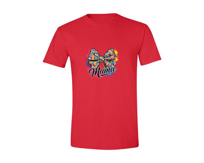 brand:Generic|color:Red|Autism Mama Colorful Puzzle Bow Art Graphic T-Shirt