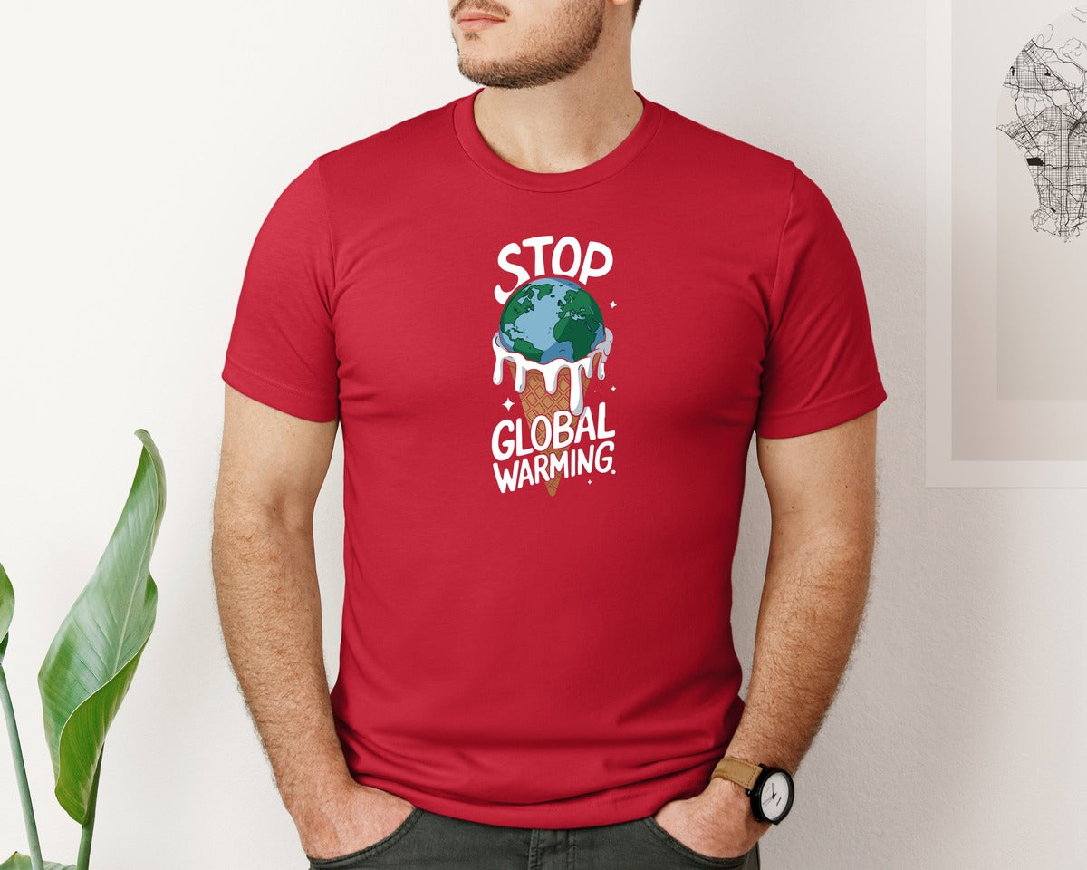 brand:Bella Canvas|color:Red|Stop Global Warming Funny Cute Teacher Graphic T-Shirt