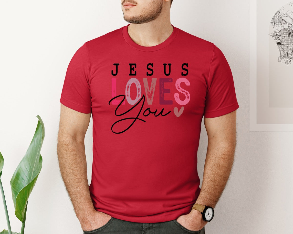 brand:Bella Canvas|color:Red|Jesus Loves You Christian Graphic T-Shirt