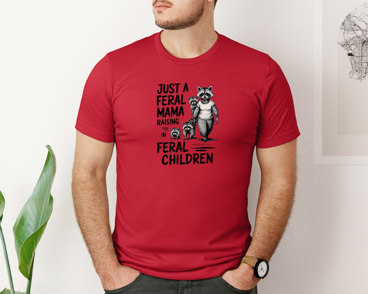 brand:Bella Canvas|color:Red|Funny Mothers Day Raccoon Mama Tired Graphic T-Shirt