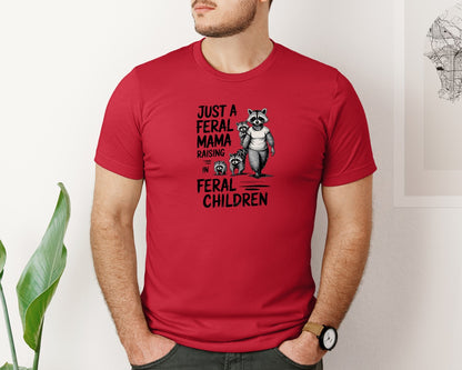 brand:Bella Canvas|color:Red|Funny Mothers Day Raccoon Mama Tired Graphic T-Shirt