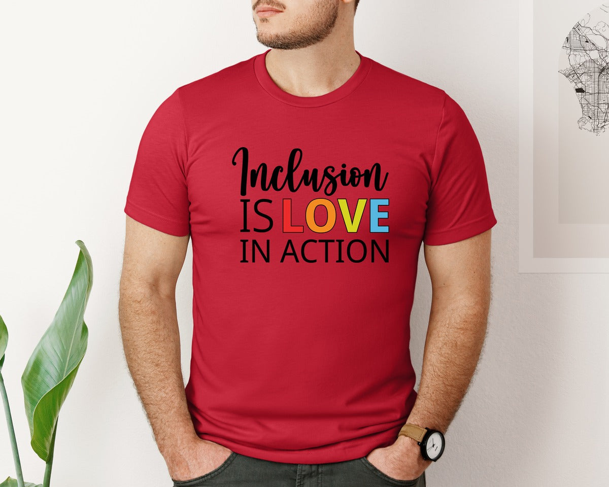 brand:Bella Canvas|color:Red|Inclusion Is Love In Action T Shirt Graphic T-Shirt