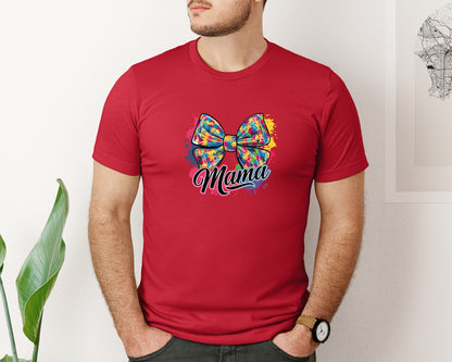 brand:Bella Canvas|color:Red|Autism Mama Colorful Puzzle Bow Art Graphic T-Shirt