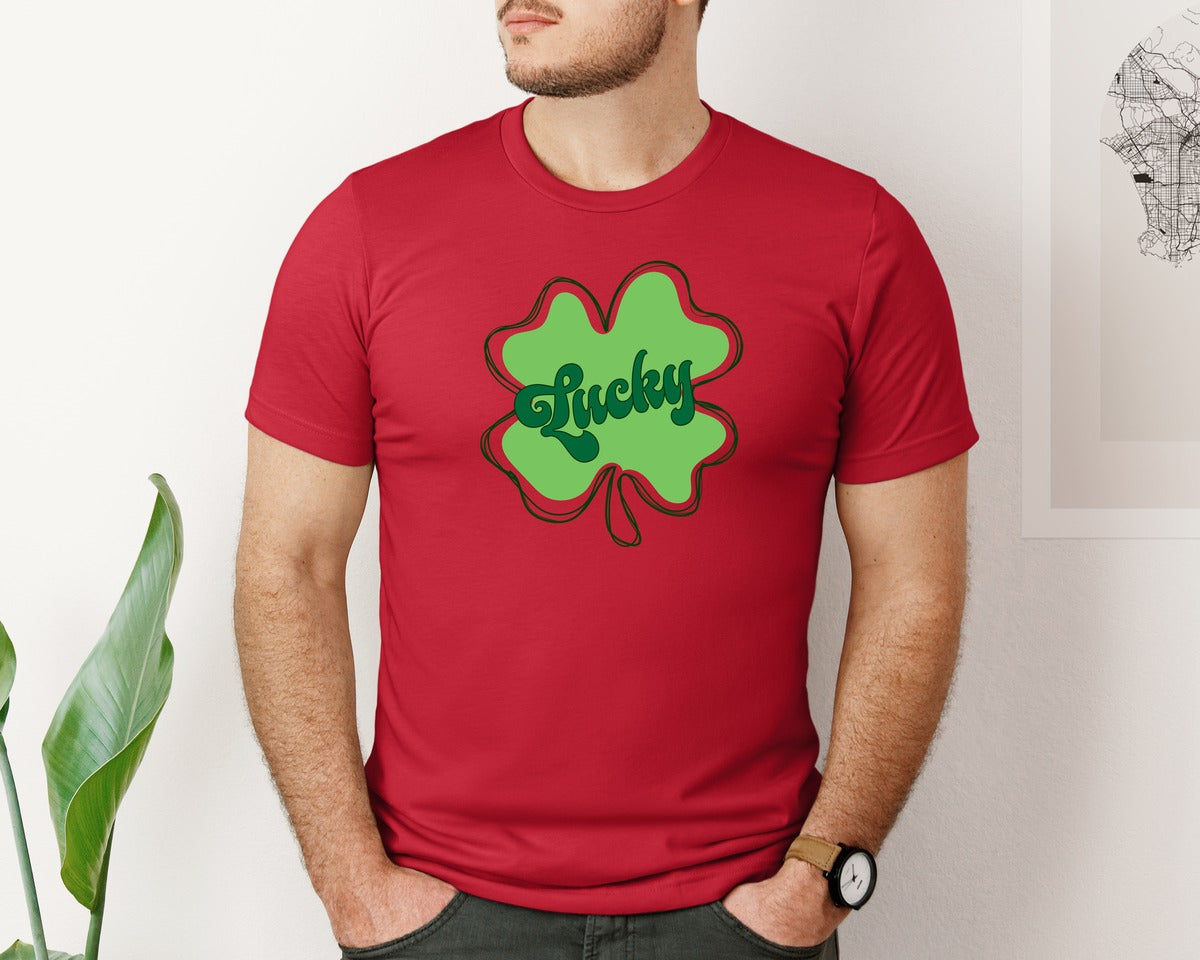 brand:Bella Canvas|color:Red|Lucky St Patricks Day Clover 2 Graphic T-Shirt