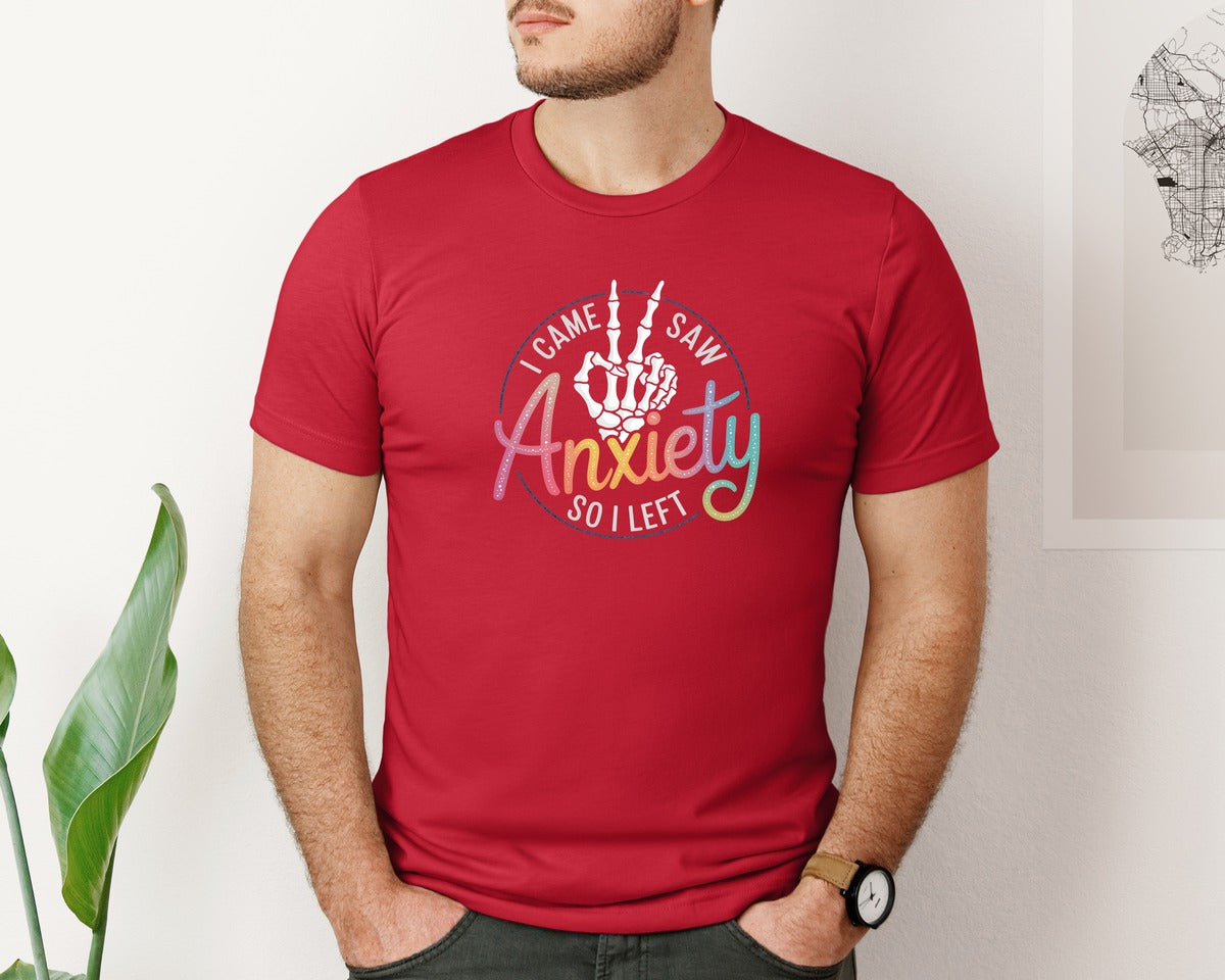 brand:Bella Canvas|color:Red|I Came I Saw Anxiety Gothic 3 Graphic T-Shirt