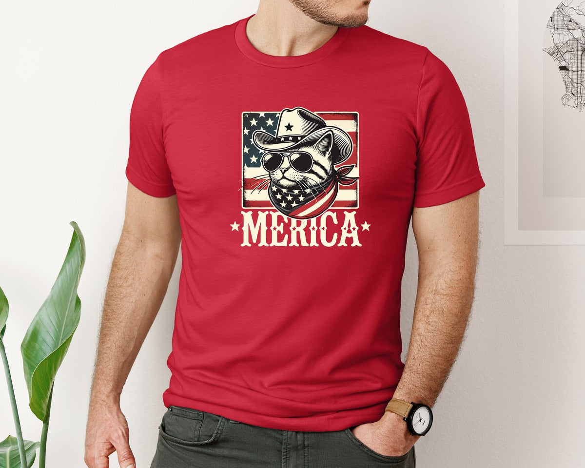 brand:Bella Canvas|color:Red|Merica Cat Patriotic Cowboy Cat Graphic T-Shirt