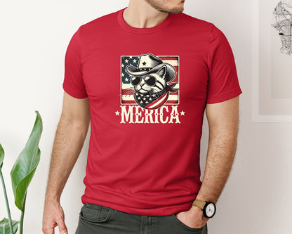 brand:Bella Canvas|color:Red|Merica Cat Patriotic Cowboy Cat Graphic T-Shirt