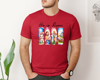 brand:Bella Canvas|color:Red|He Is Risen Easter Jesus Christian Graphic T-Shirt
