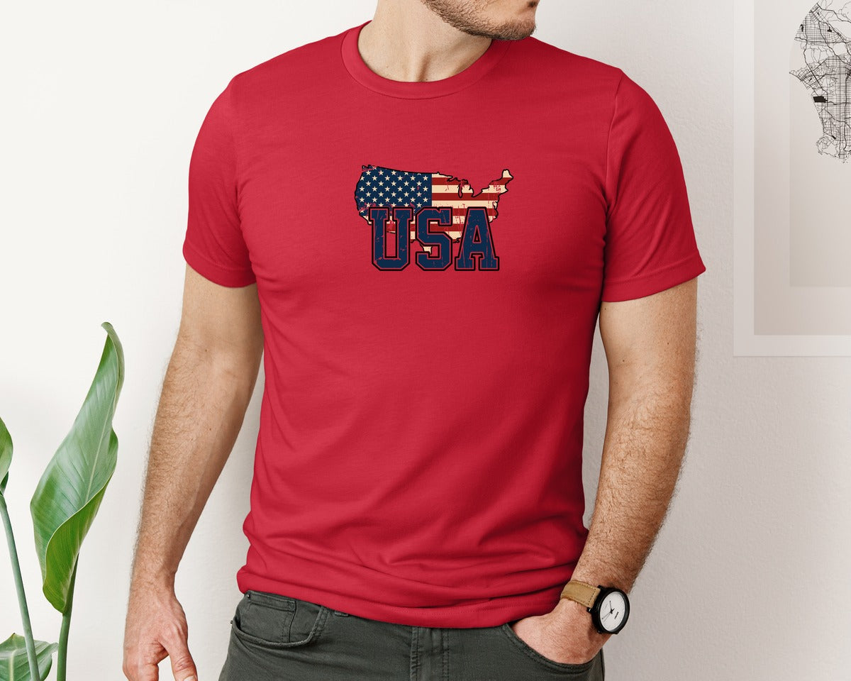 brand:Bella Canvas|color:Red|America Usa Map 4Th Of July Patriotic Graphic T-Shirt