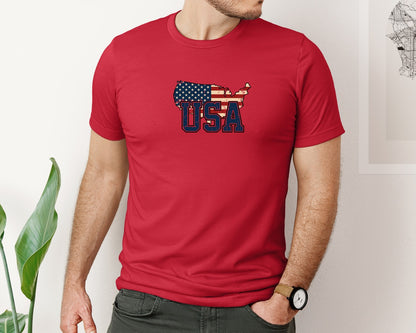 brand:Bella Canvas|color:Red|America Usa Map 4Th Of July Patriotic Graphic T-Shirt