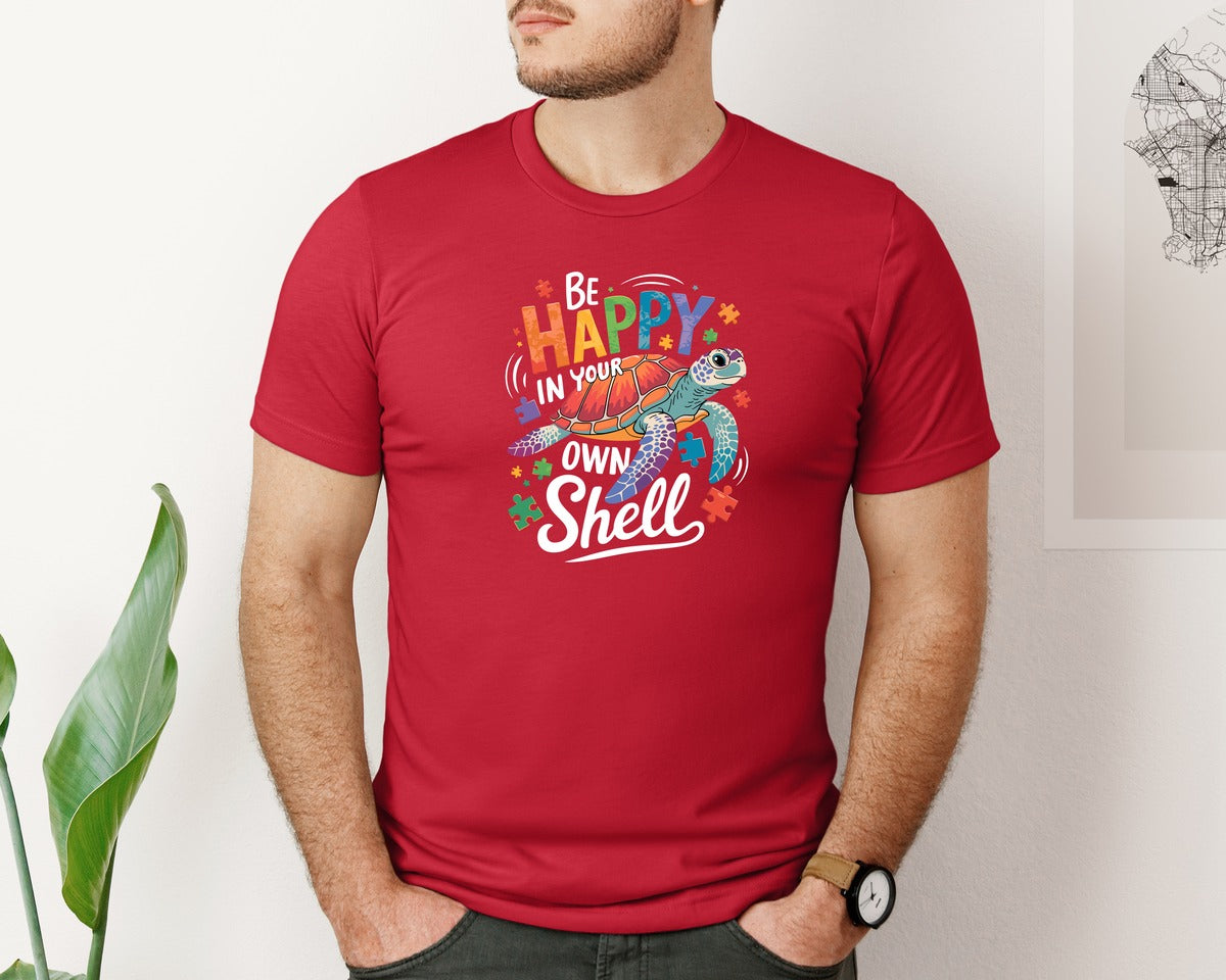 brand:Bella Canvas|color:Red|Be Happy In Your Own Shell Autism Avg Graphic T-Shirt