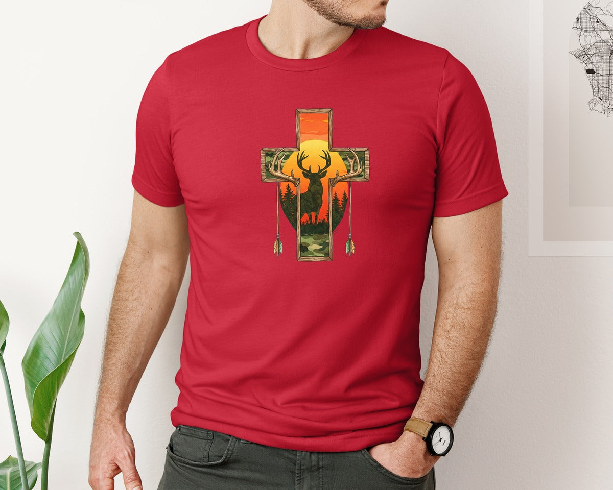 brand:Bella Canvas|color:Red|Deer Cross Rustic Hunting Cross Sub Graphic T-Shirt