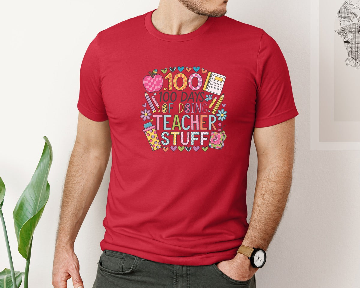 brand:Bella Canvas|color:Red|100 Days Of School 57 Graphic T-Shirt