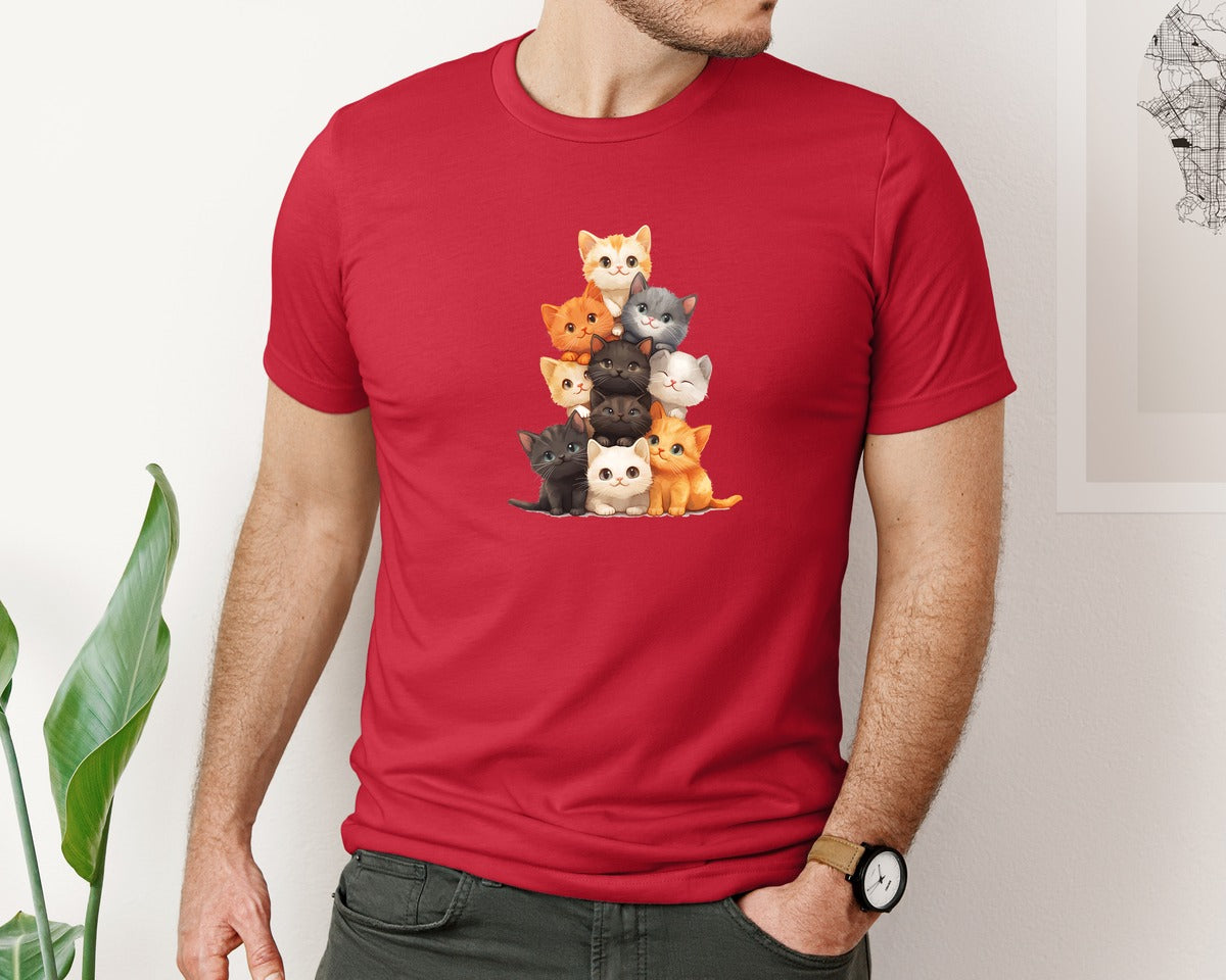 brand:Bella Canvas|color:Red|Stack Of Cute Kitten Cats Cartoon Graphic T-Shirt