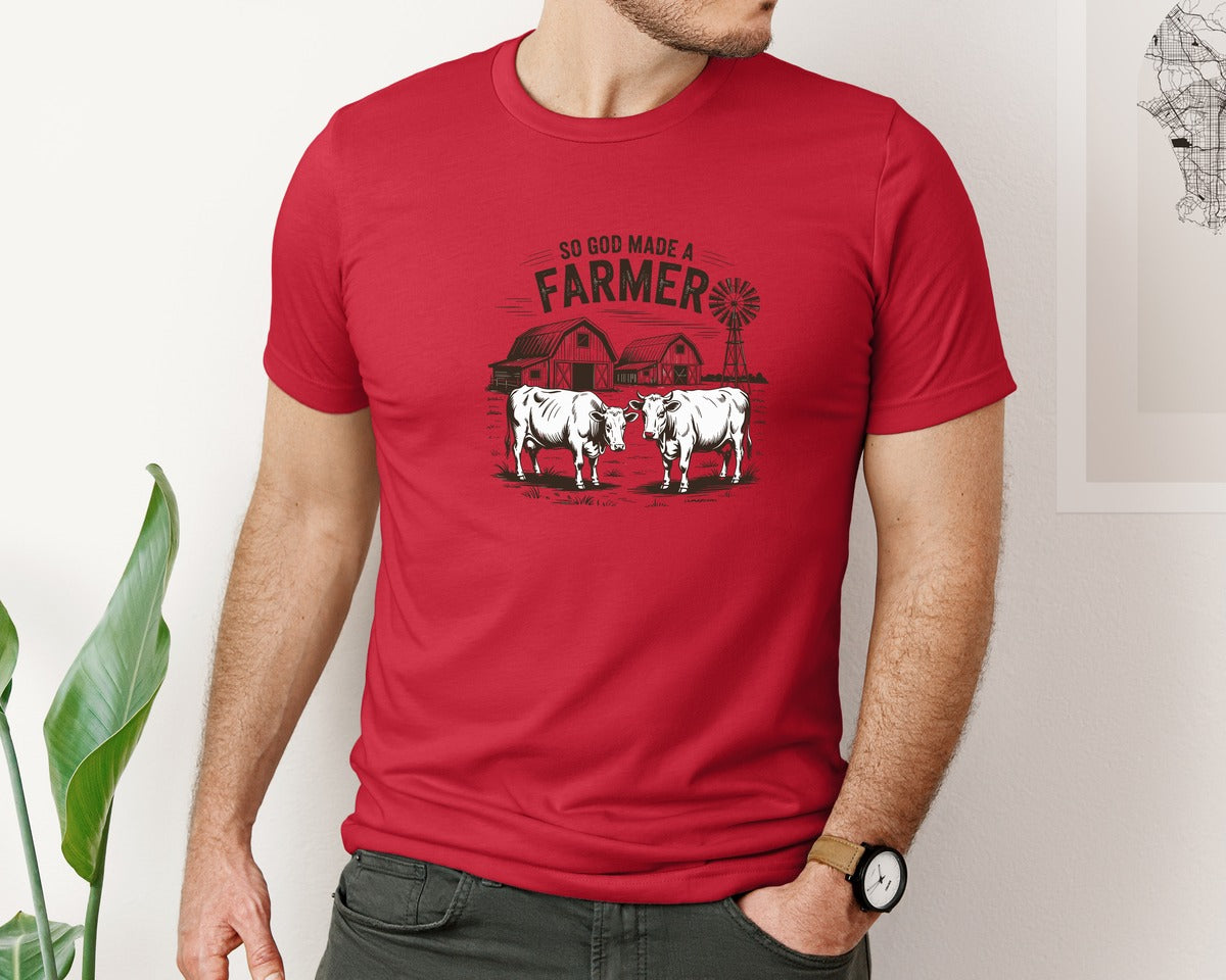 brand:Bella Canvas|color:Red|So God Made A Farmer Boho Farming Graphic T-Shirt