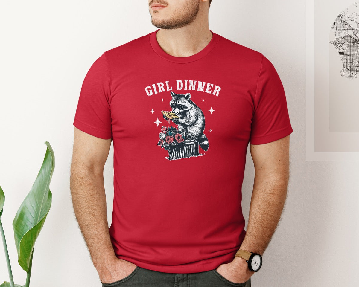 brand:Bella Canvas|color:Red|Girl Dinner Raccoon Eat Pizza Shirt Graphic T-Shirt