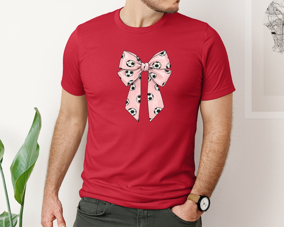 brand:Bella Canvas|color:Red|Soccer Pattern Coquette Bow Graphic T-Shirt