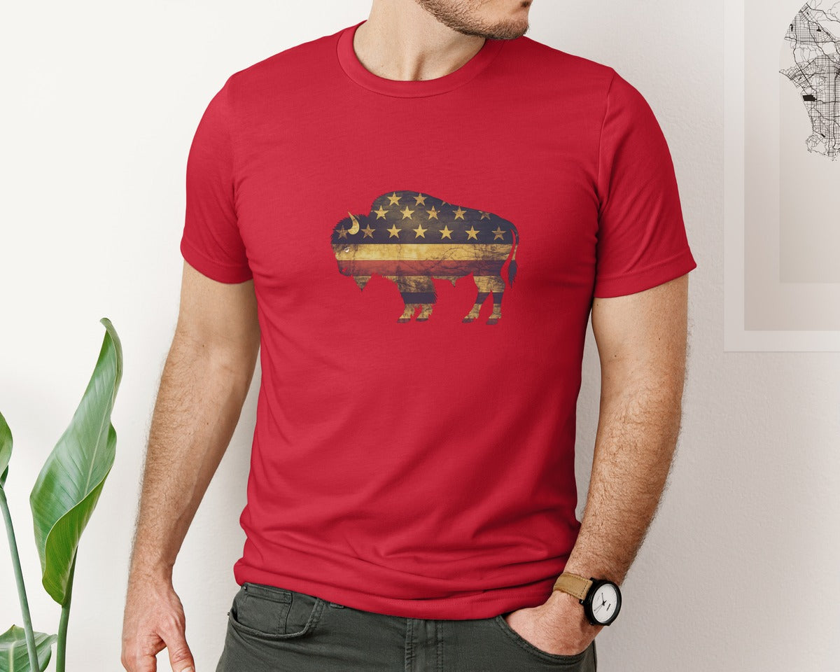 brand:Bella Canvas|color:Red|American Bison Patriotic Usa Flag 4 Graphic T-Shirt