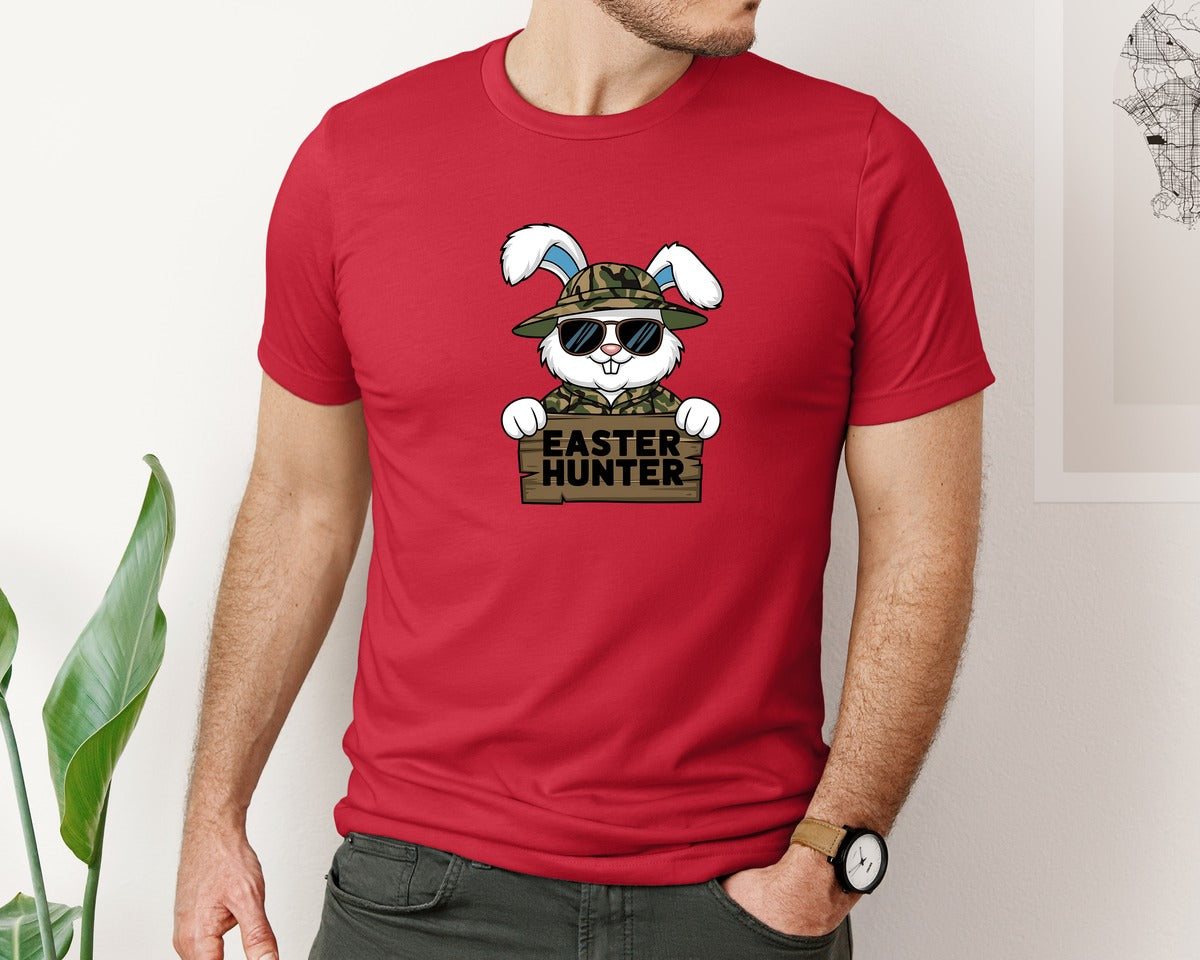 brand:Bella Canvas|color:Red|Easter Hunter Bunny Boy Bunny Graphic T-Shirt