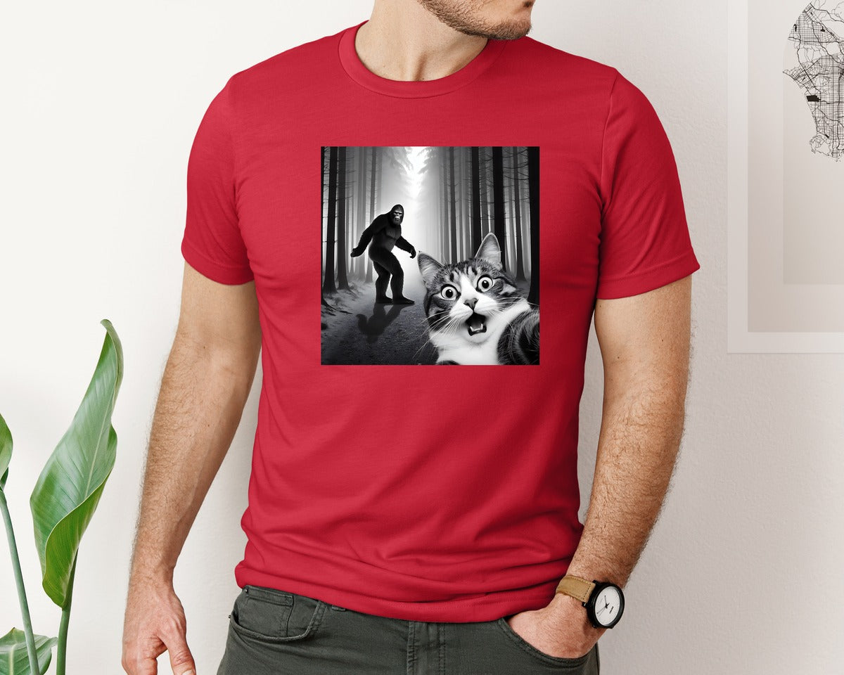 brand:Bella Canvas|color:Red|Cat Selfie With Sasquatch Graphic T-Shirt