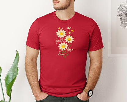 brand:Bella Canvas|color:Red|Faith Hope Love Daisies Butterflies Graphic T-Shirt