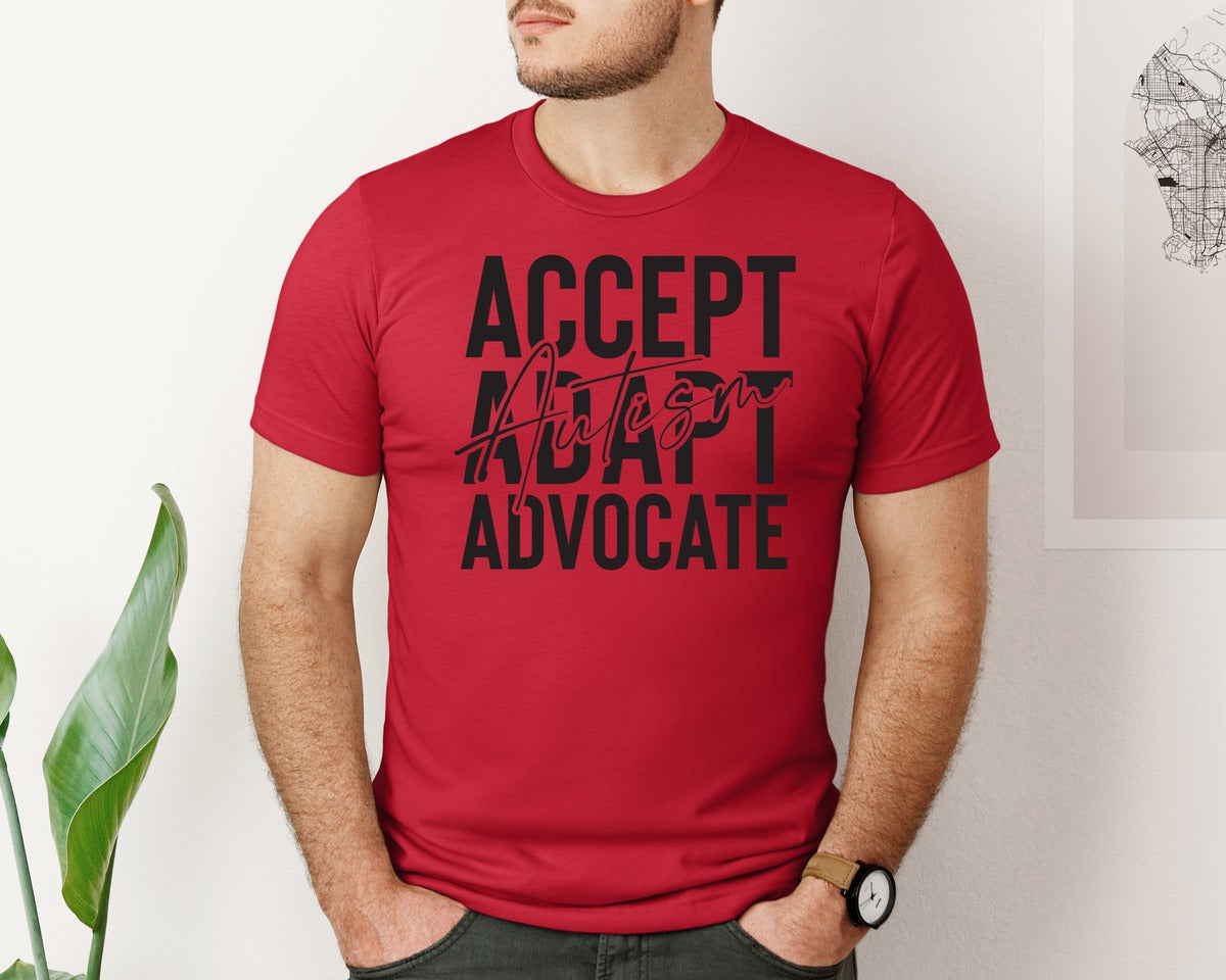brand:Bella Canvas|color:Red|Accept Adapt Advocate Autism Graphic T-Shirt