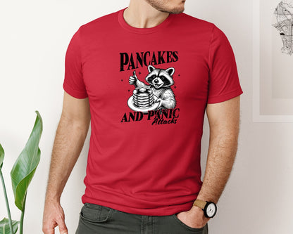 brand:Bella Canvas|color:Red|Mental Health Raccoon Pancakes And Panic Graphic T-Shirt