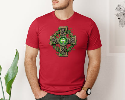 brand:Bella Canvas|color:Red|Celtic Cross With Shamrocks Irish Graphic T-Shirt