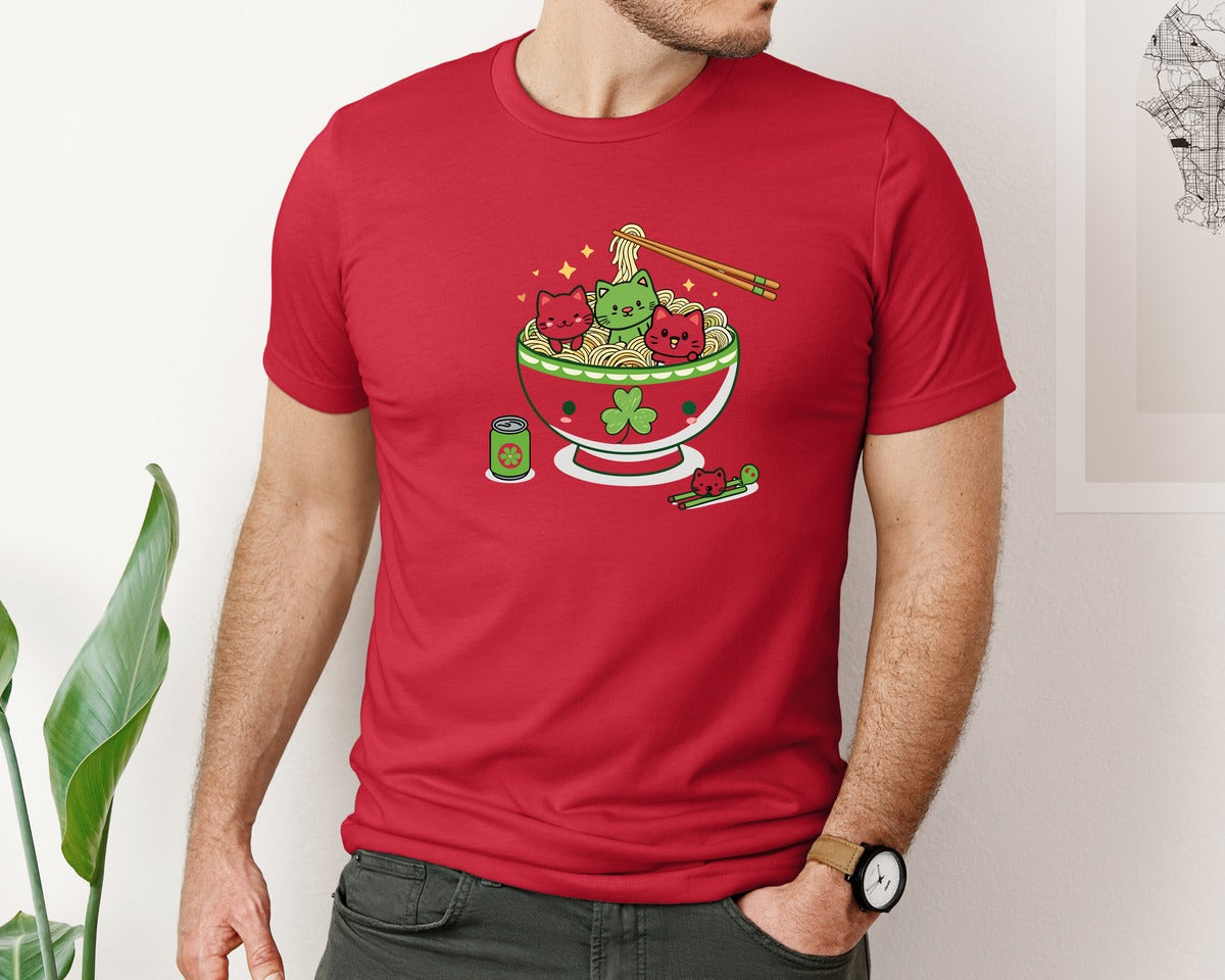 brand:Bella Canvas|color:Red|Lucky Ramen Cat St Patricks Day Graphic T-Shirt