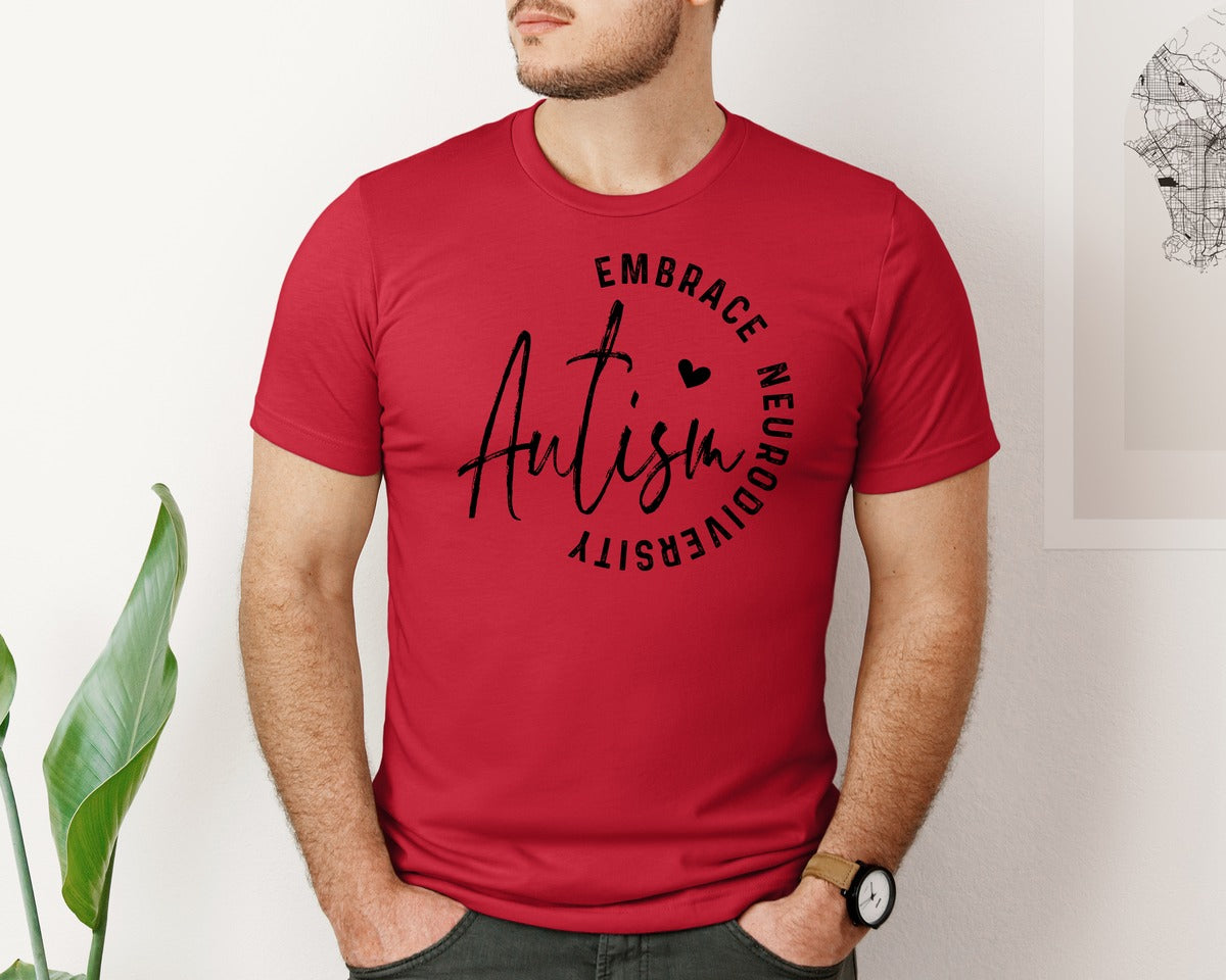 brand:Bella Canvas|color:Red|Embrace Neurodiversity Autism Graphic T-Shirt