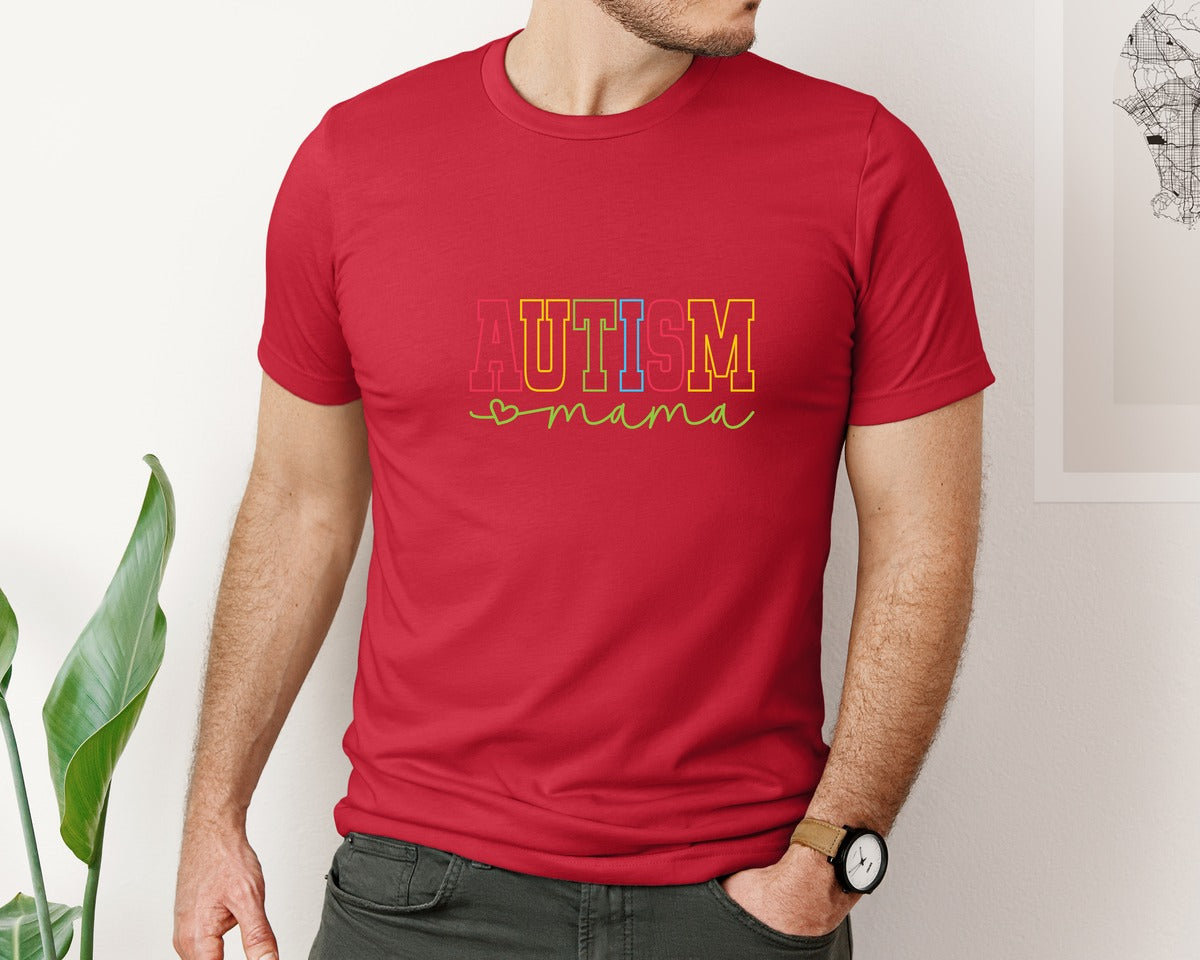 brand:Bella Canvas|color:Red|Autism Mama Awareness Graphic T-Shirt