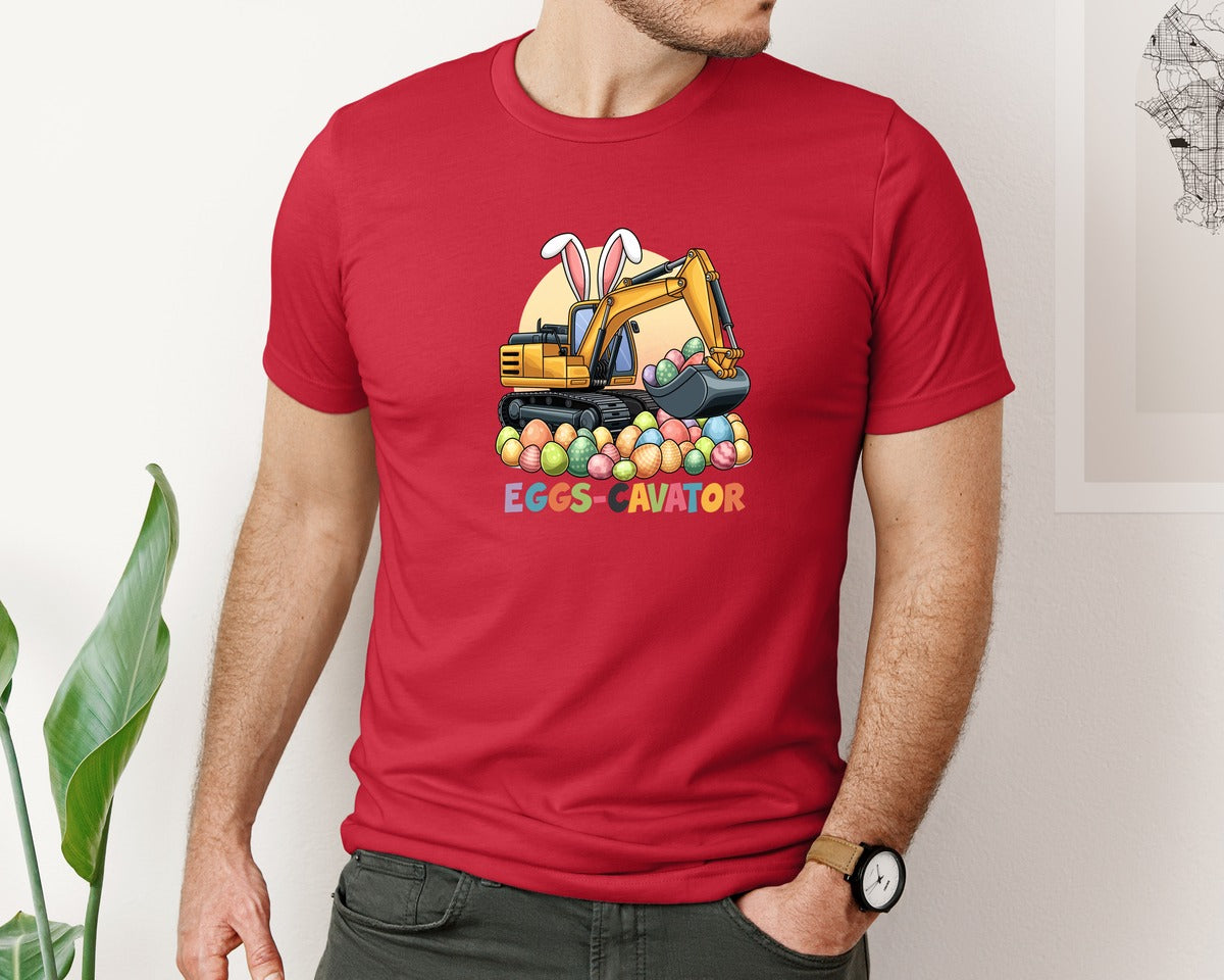 brand:Bella Canvas|color:Red|Eggs Cavator Easter Excavator 2 Graphic T-Shirt