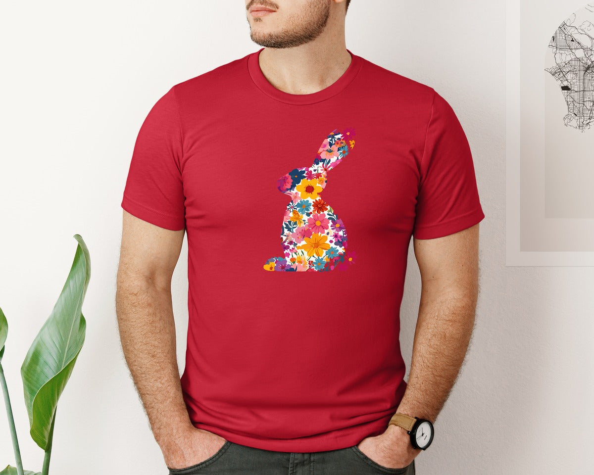 brand:Bella Canvas|color:Red|Floral Bunny Easter Rabbit Graphic T-Shirt