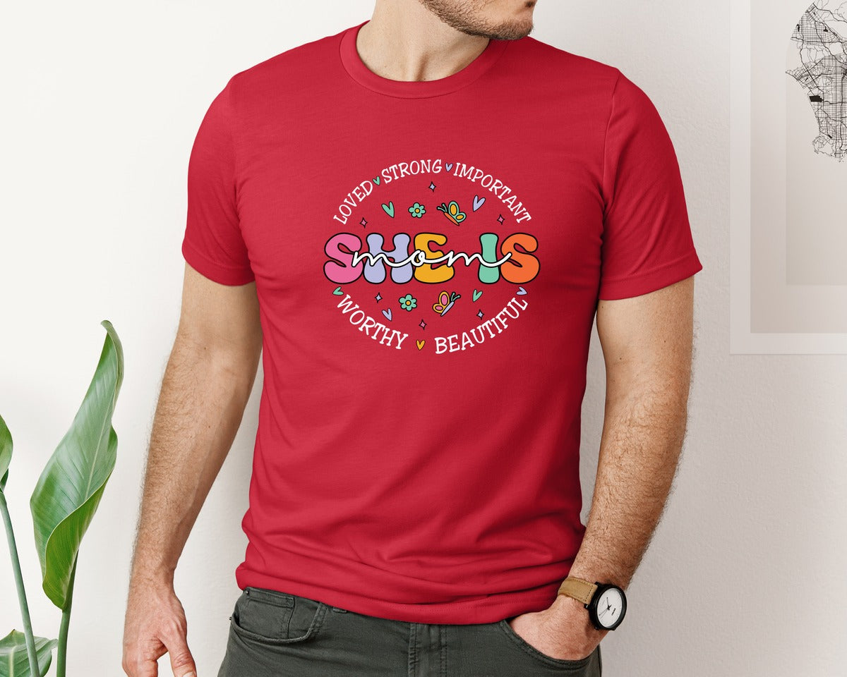 brand:Bella Canvas|color:Red|She Is Mom Happy Mama Mothers Day Graphic T-Shirt
