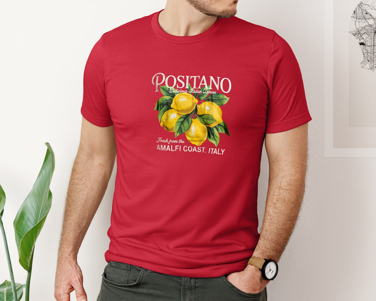 brand:Bella Canvas|color:Red|Positano Lemon Amalfi Coast Italian Graphic T-Shirt