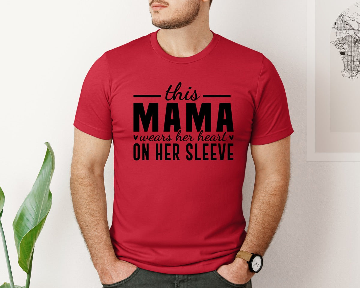brand:Bella Canvas|color:Red|This Mama Wears Her Heart On Her Sleeve 77 Graphic T-Shirt