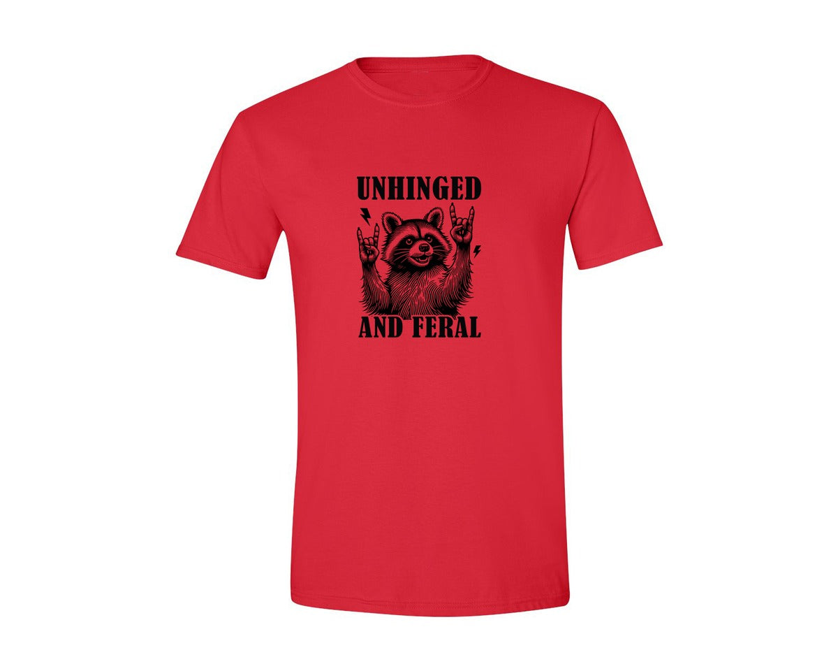 brand:Generic|color:Red|Unhinged And Feral Vintage Raccoon Meme Graphic T-Shirt