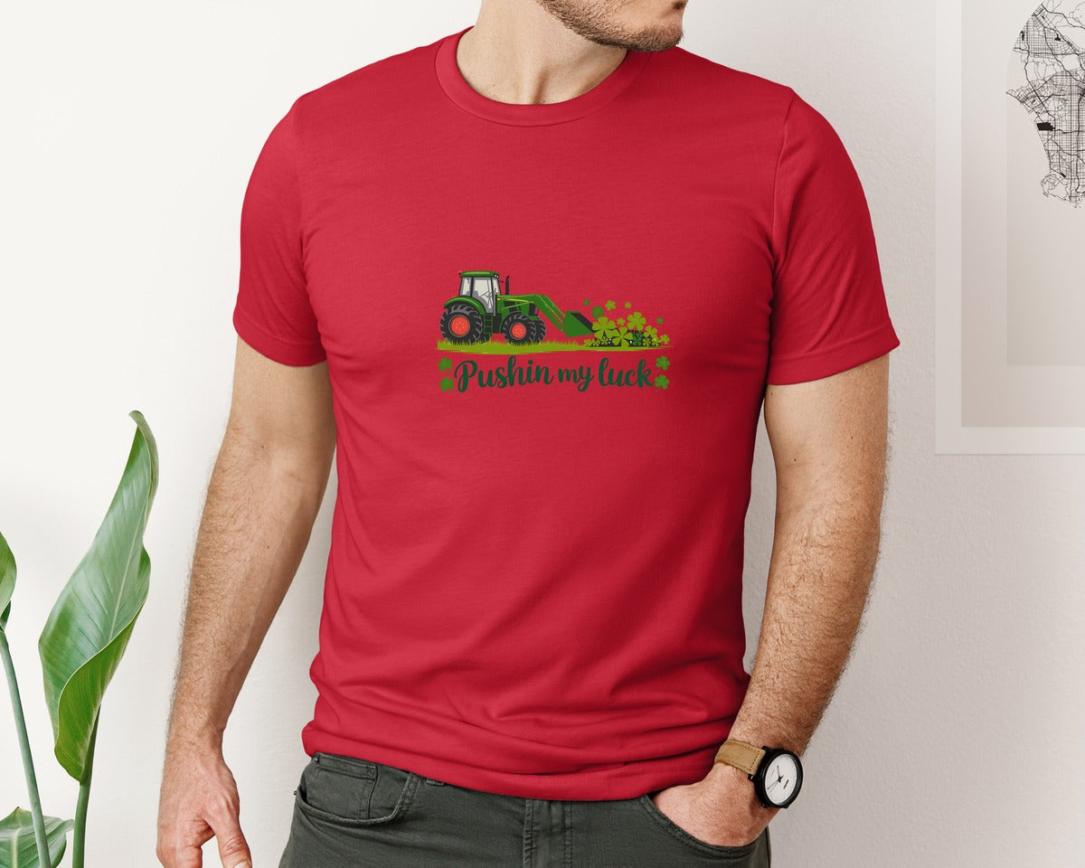brand:Bella Canvas|color:Red|Pushin My Luck St Patricks Day 3 Graphic T-Shirt